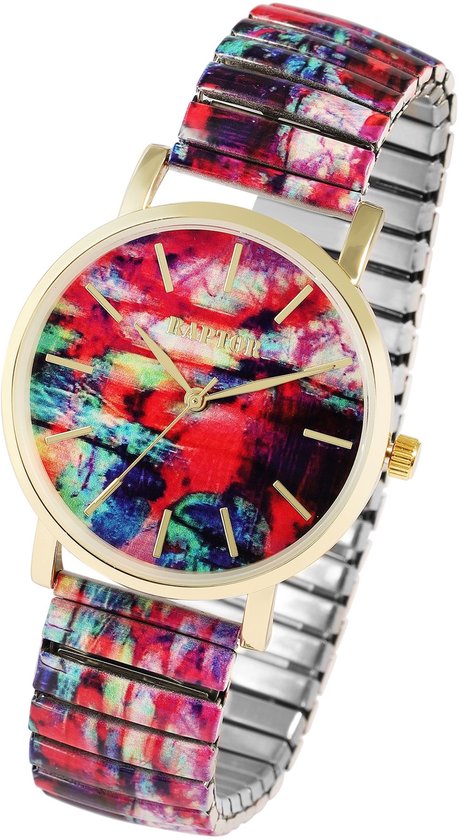 Goudkleurig horloge met veelkleurige wijzerplaat en band in abstracte print.