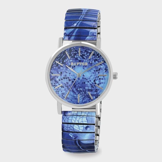 Zilverkleurig dameshorloge met blauw mozaïekpatroon op wijzerplaat en rekbare band.