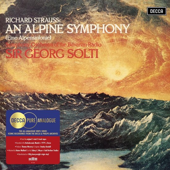 Platenhoes met Richard Strauss: An Alpine Symphony (Eine Alpensinfonie) door Sir Georg Solti, Decca Pure Analogue Vinyl.