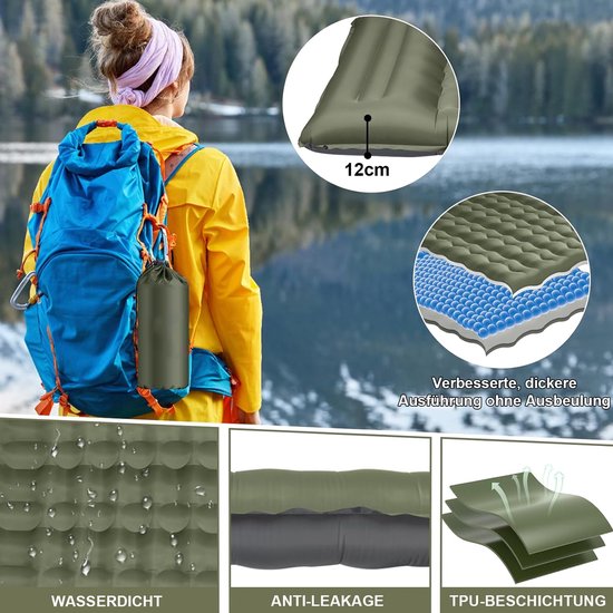 TTLUOKER®Slaapmat zelfopblazend 197 x 71 cm - Ultra Dik 12 cm Luchtbed met Ingebouwde Voetpomp - Draagkracht tot 200 kg - Camping matras - Slaapmatje - Militaire Groen van Merkloos — afbeelding 3