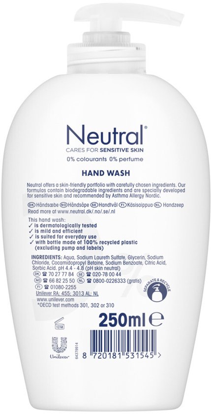Neutral Hand Wash, 250ml. Witte fles met pompdosering. Zonder kleurstoffen of parfum.