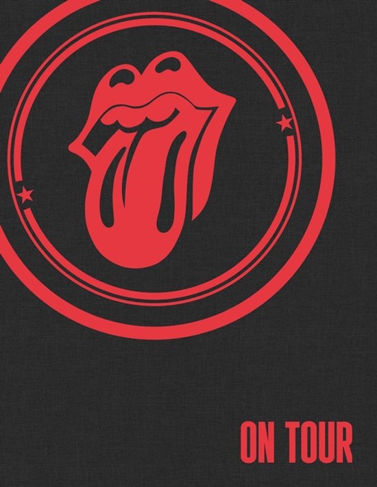Zwart boek met rode Rolling Stones logo (tong uit de mond) en tekst 'ON TOUR'.