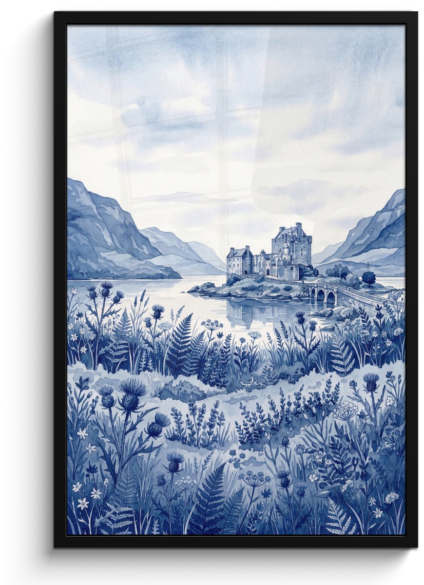 FrameYourWall Poster in lijst - Fotolijst 60x90 cm - Posters - Schots - Kasteel - Blauw - Aquarel - Posterlijst zwart - Decoratie - Wanddecoratie woonkamer - Muurdecoratie slaapkamer