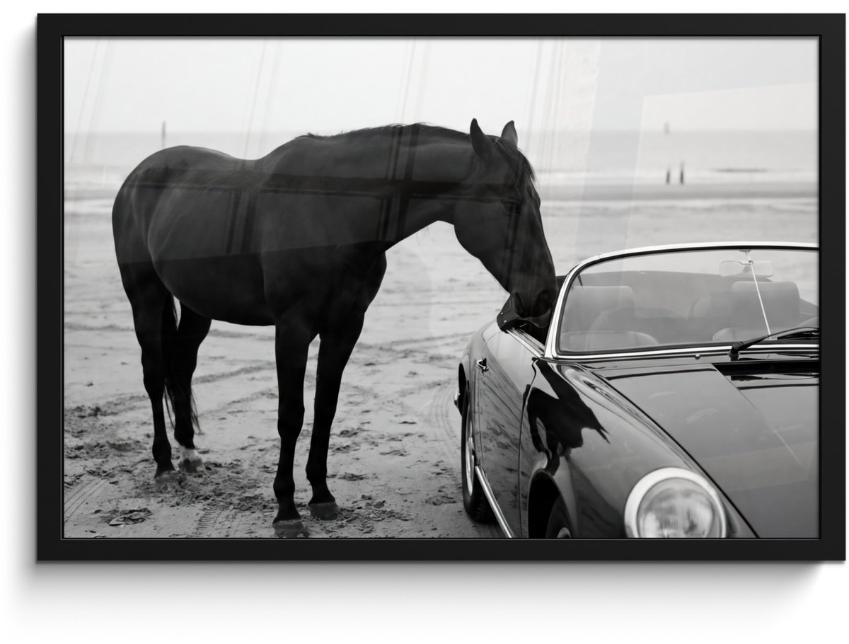 FrameYourWall Poster in lijst - Fotolijst 60x40 cm - Posters - Paard - Auto - Zwart - Wit - Posterlijst zwart - Decoratie - Wanddecoratie woonkamer - Muurdecoratie slaapkamer