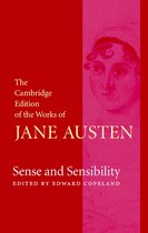Boekhoes met een rood vlak aan de linkerkant en een roze portret van een vrouw aan de rechterkant. De titel 'Sense and Sensibility' staat in het midden.