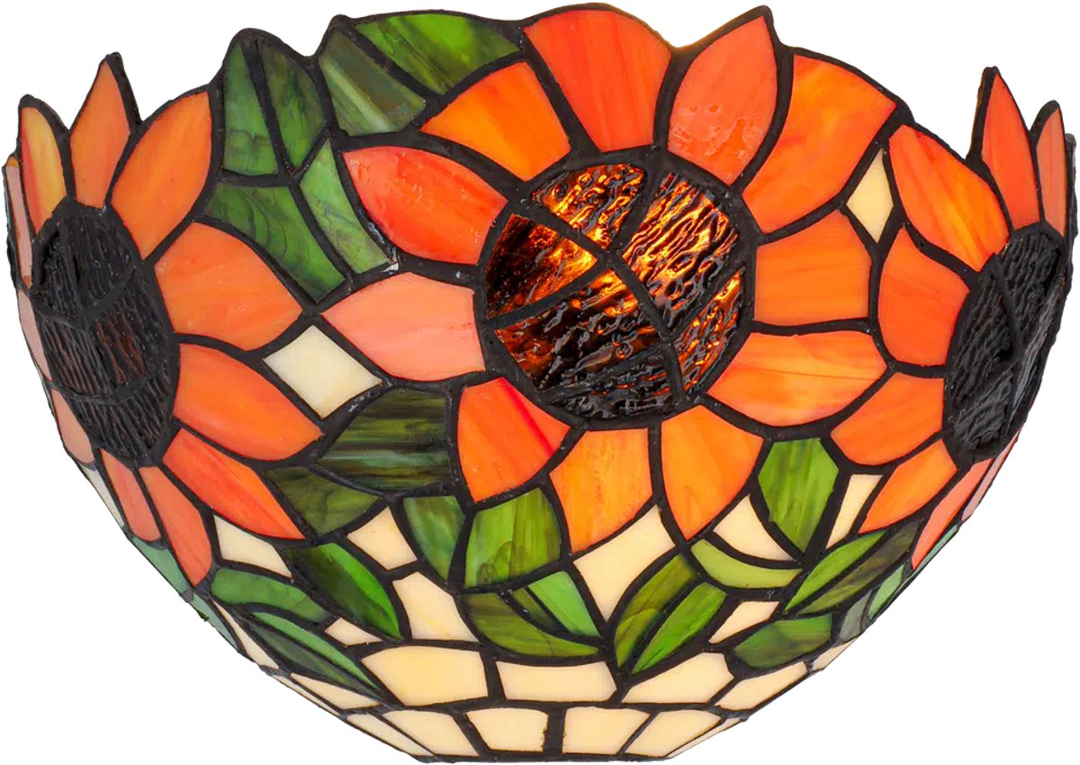 Tiffany wandlamp zonnebloem - Oranje-groen-amber - B 25 cm - Glas in lood - Warm licht - Muurlamp | RORUVERA