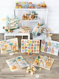 Collectie houten speelgoed: trein, blokken, auto, puzzels met dieren, alfabet en cijfers.