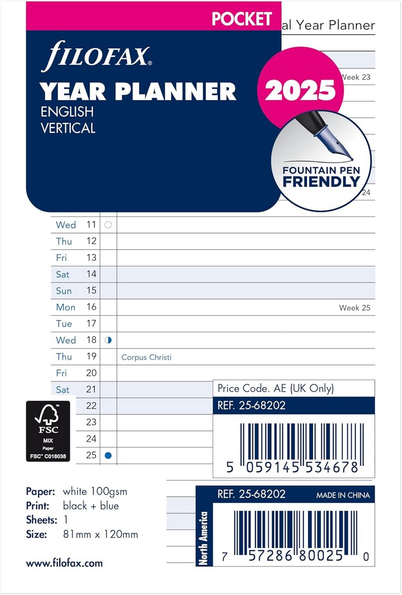 Agenda Vervanging Voor Pocket Formaat - Jaarplanner 2025 Verticaal - Wit Papier