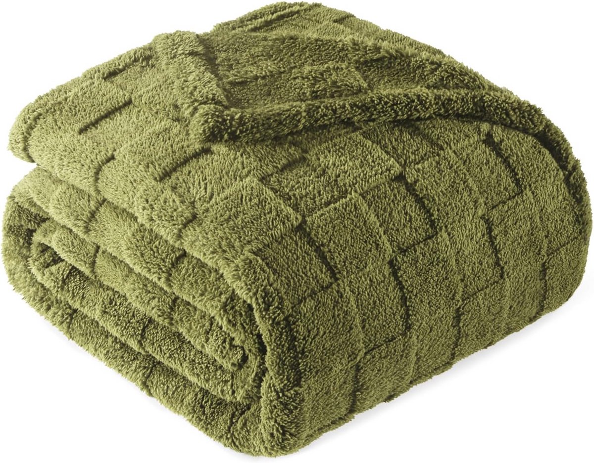 Super Zachte Flanellen Fleece Plaid 152x203 cm - Warme, Lichtgewicht Geruite Deken Olijfgroen