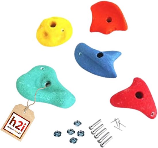Vijf kleurrijke klimstenen van 11-14 cm, met bevestigingsmateriaal en een h2i label.