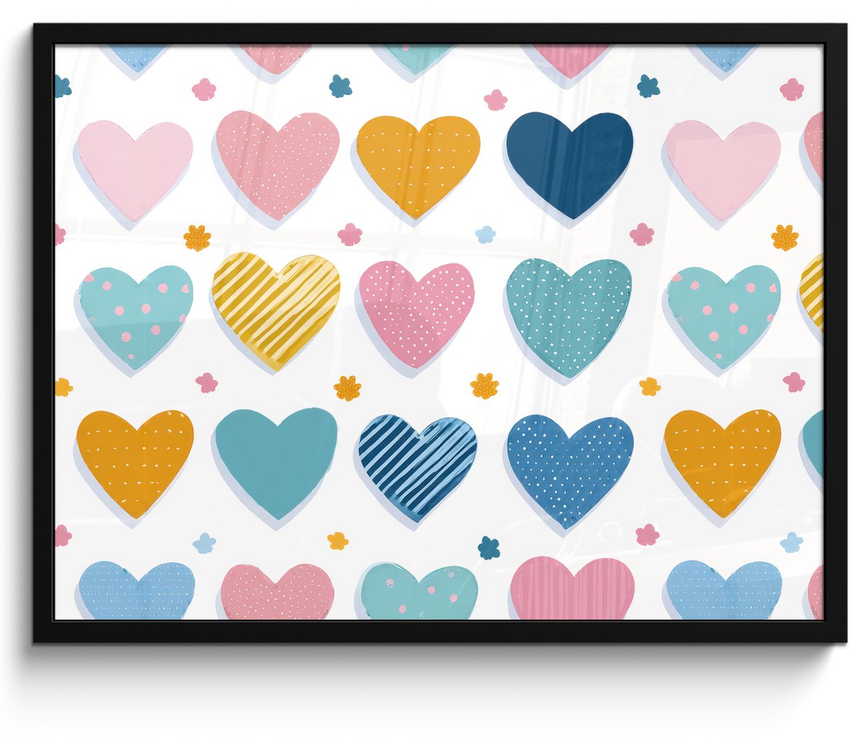FrameYourWall Poster in lijst - Fotolijst 70x50 cm - Posters - Hartjes - Pastel - Patroon - Posterlijst zwart - Decoratie - Wanddecoratie woonkamer - Muurdecoratie slaapkamer