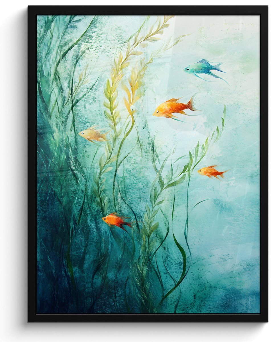 FrameYourWall Poster in lijst - Fotolijst 50x70 cm - Posters - Waterplanten - Vissen - Kleurrijk - Water - Posterlijst zwart - Decoratie - Wanddecoratie woonkamer - Muurdecoratie slaapkamer