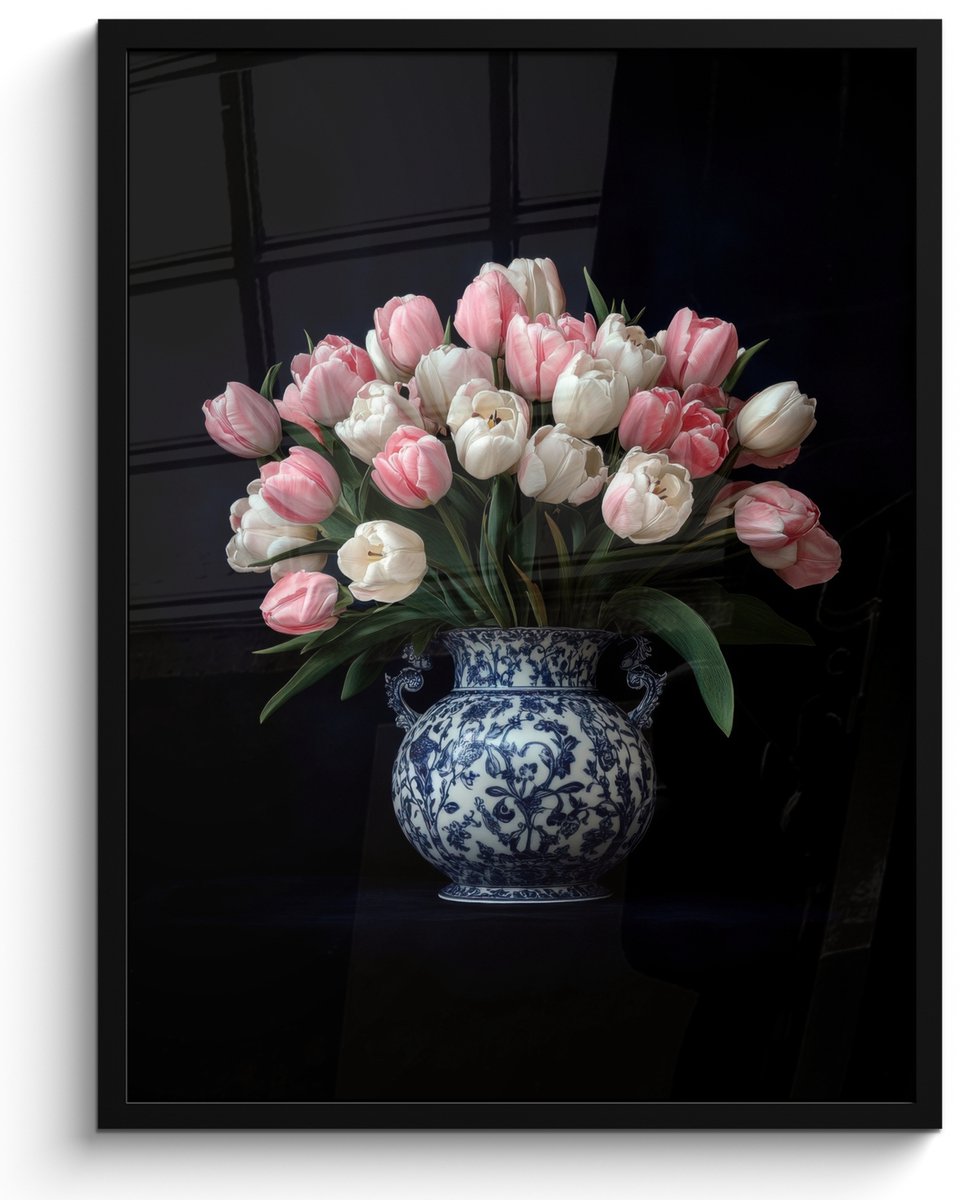 FrameYourWall Poster in lijst - Fotolijst 50x70 cm - Posters - Bloemen - Roze - Tulpen - Vaas - Posterlijst zwart - Decoratie - Wanddecoratie woonkamer - Muurdecoratie slaapkamer Tulpen - Roze
