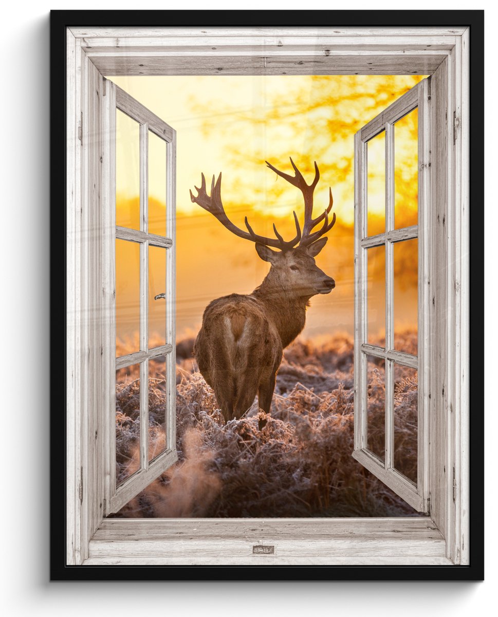 FrameYourWall Poster in lijst - Fotolijst 50x70 cm - Posters - Hert - Herfst - Dieren - Natuur - Bos - Doorkijk - Posterlijst zwart - Decoratie - Wanddecoratie woonkamer - Muurdecoratie slaapkamer