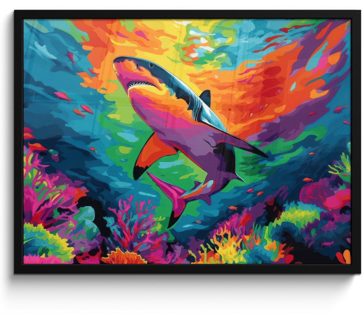 FrameYourWall Poster in lijst - Fotolijst 70x50 cm - Posters - Haai - Koraalrif - Abstract - Kleurrijk - Posterlijst zwart - Decoratie - Wanddecoratie woonkamer - Muurdecoratie slaapkamer Haai - Kleurrijk