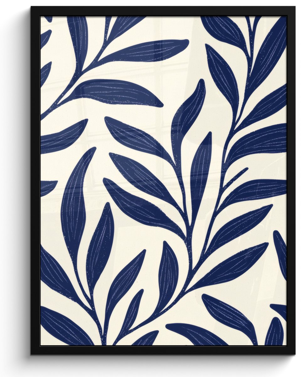 FrameYourWall Poster in lijst - Fotolijst 50x70 cm - Posters - Bladeren - Klimop - Donkerblauw - Posterlijst zwart - Decoratie - Wanddecoratie woonkamer - Muurdecoratie slaapkamer