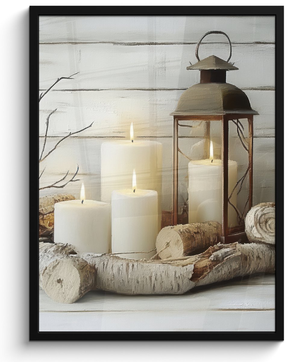 FrameYourWall Poster in lijst - Fotolijst 50x70 cm - Posters - Stilleven - Wit - Kaarsen - Rustiek - Natuur - Posterlijst zwart - Decoratie - Wanddecoratie woonkamer - Muurdecoratie slaapkamer