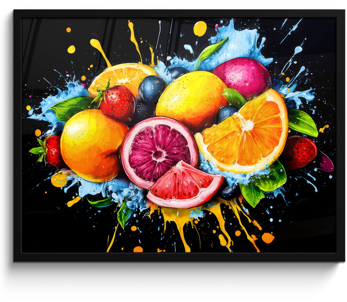 FrameYourWall Poster in lijst - Fotolijst 70x50 cm - Posters - Fruit - Graffiti - Kleurrijk - Sinaasappel - Aardbei - Abstract - Posterlijst zwart - Decoratie - Wanddecoratie woonkamer - Muurdecoratie slaapkamer Graffiti - Fruit
