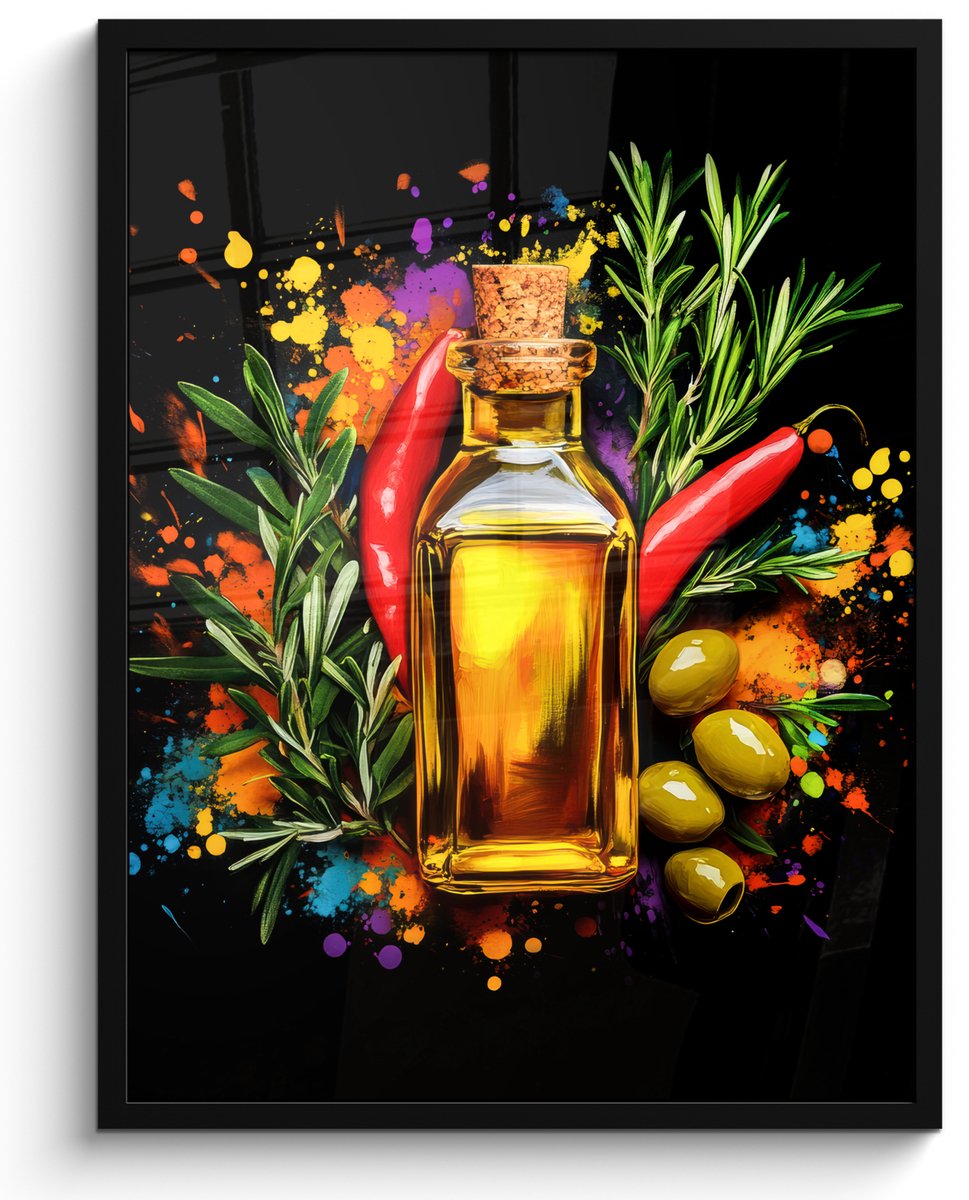 FrameYourWall Poster in lijst - Fotolijst 50x70 cm - Posters - Olijfolie - Graffiti - Peper - Olijven - Modern - Posterlijst zwart - Decoratie - Wanddecoratie woonkamer - Muurdecoratie slaapkamer Graffiti - Olijfolie