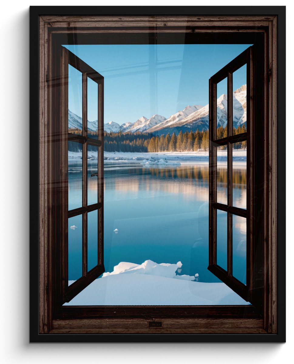 FrameYourWall Poster in lijst - Fotolijst 50x70 cm - Posters - Doorkijk - Winterlandschap - Meer - Bergen - Uitzicht - Posterlijst zwart - Decoratie - Wanddecoratie woonkamer - Muurdecoratie slaapkamer