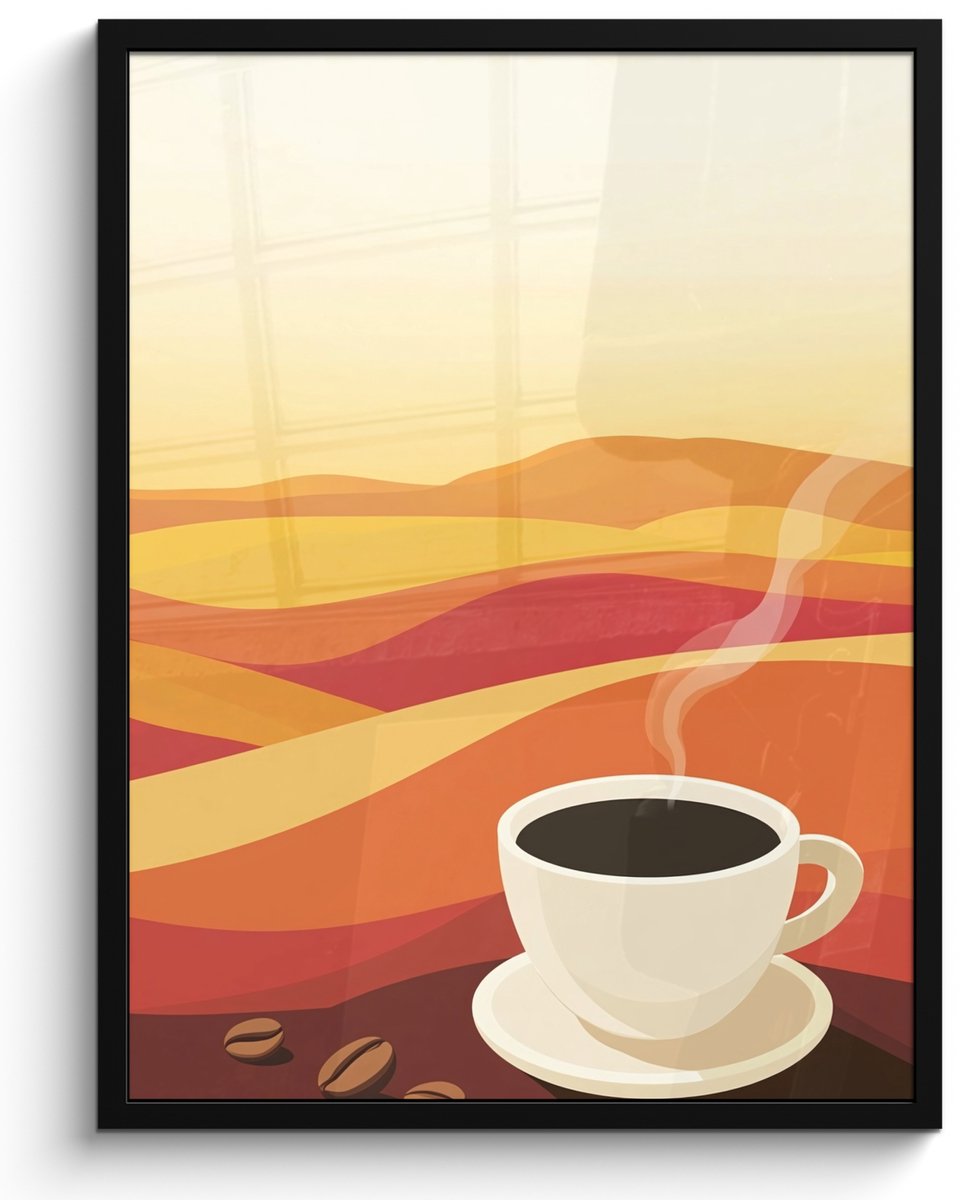 FrameYourWall Poster in lijst - Fotolijst 50x70 cm - Posters - Koffie - Landschap - Oranje - Koffiebonen - Posterlijst zwart - Decoratie - Wanddecoratie woonkamer - Muurdecoratie slaapkamer
