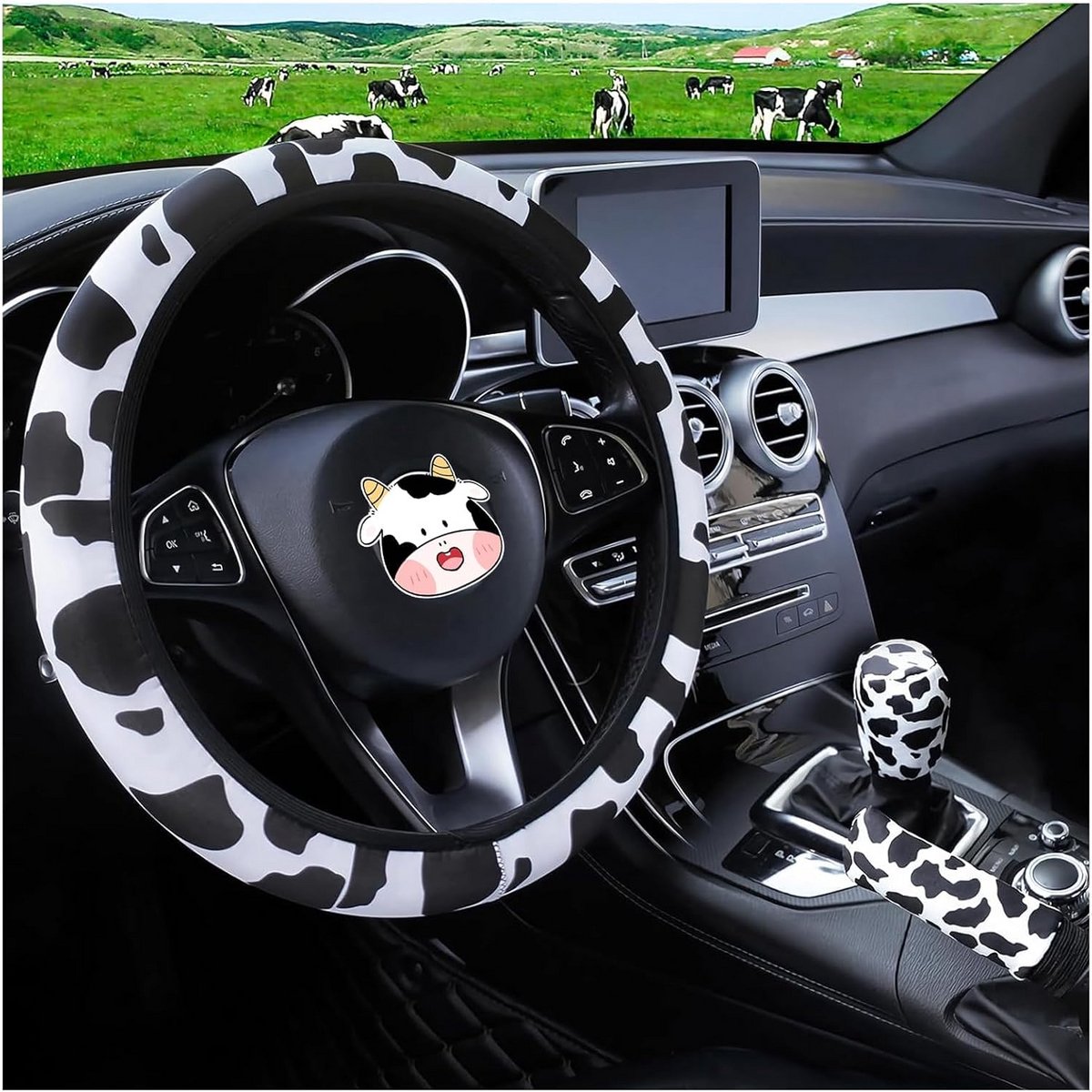 3-delige Stuurhoes Set met Koeienprint - Antislip & Universeel voor Auto Interieur