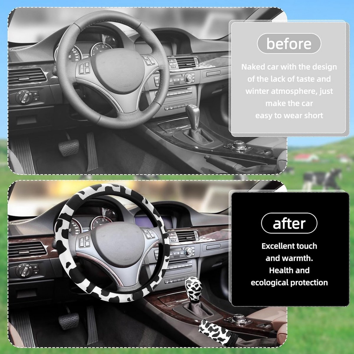 3-delige Stuurhoes Set met Koeienprint - Antislip & Universeel voor Auto Interieur – foto 2