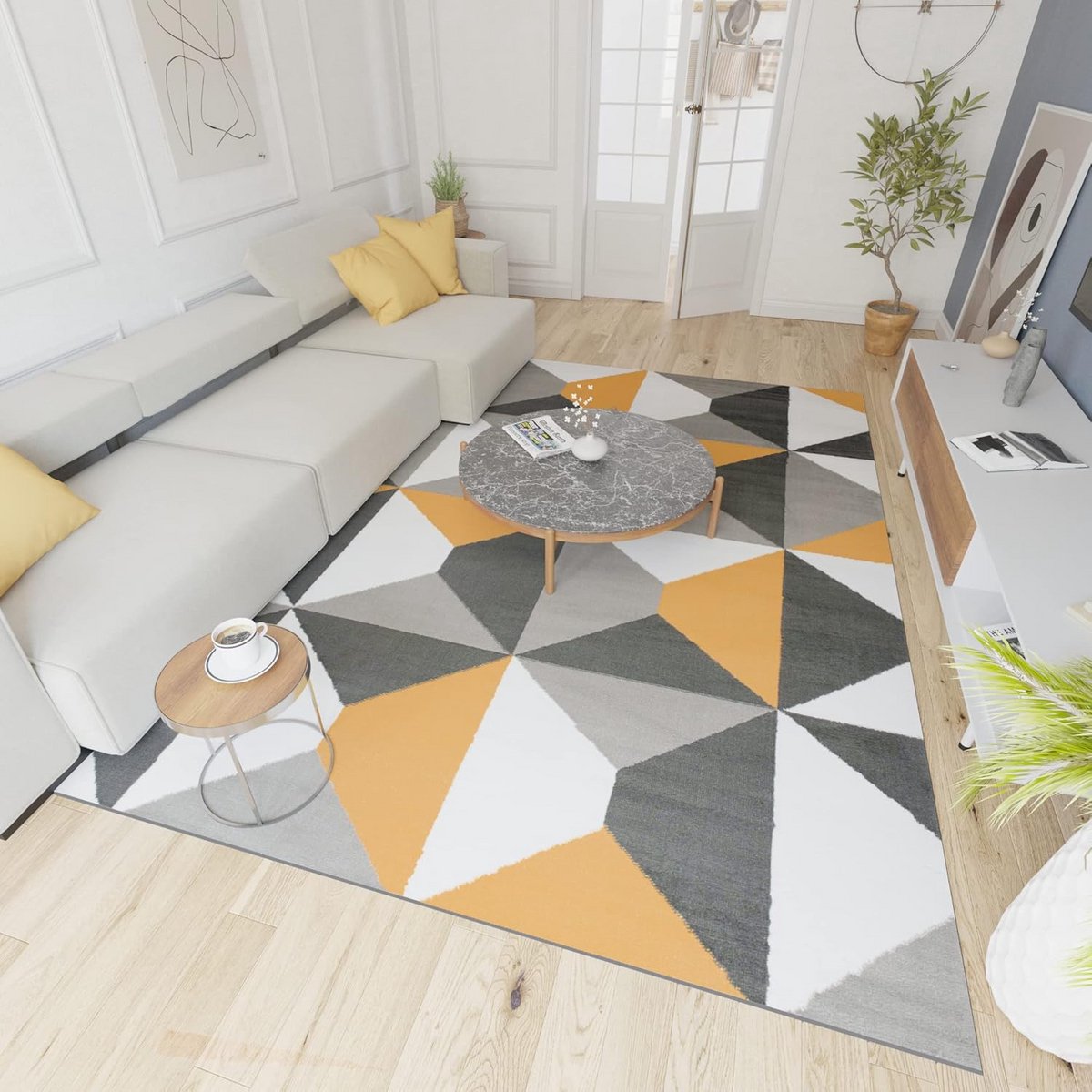 Modern Vloerkleed 140x200cm Grijs Geel - Kortpolig Tapijt Woonkamer Slaapkamer - Hypoaller