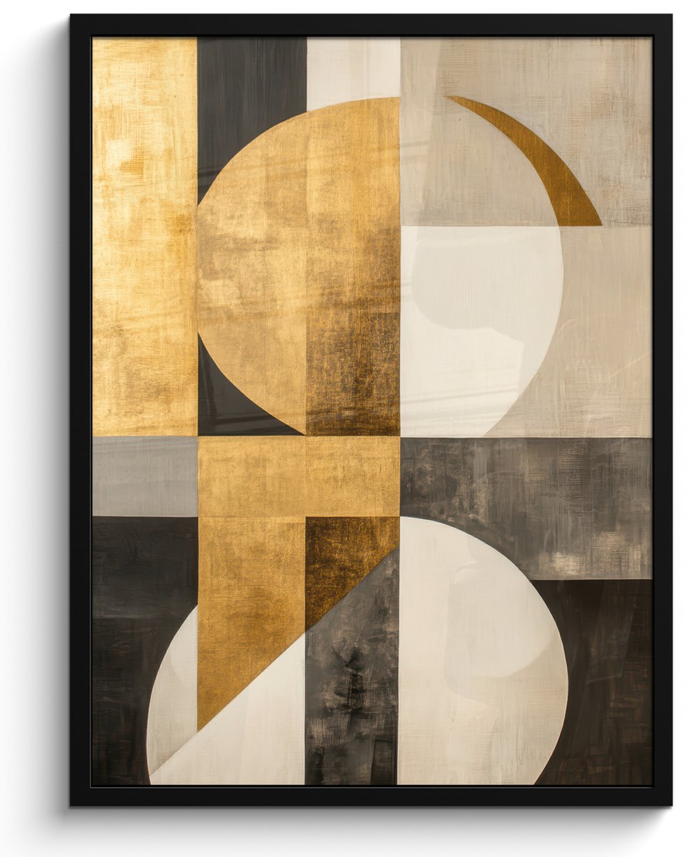 FrameYourWall Poster in lijst - Fotolijst 50x70 cm - Posters - Abstract - Goud - Grijs - Vormen - Geometrisch - Posterlijst zwart - Decoratie - Wanddecoratie woonkamer - Muurdecoratie slaapkamer Abstracte vormen