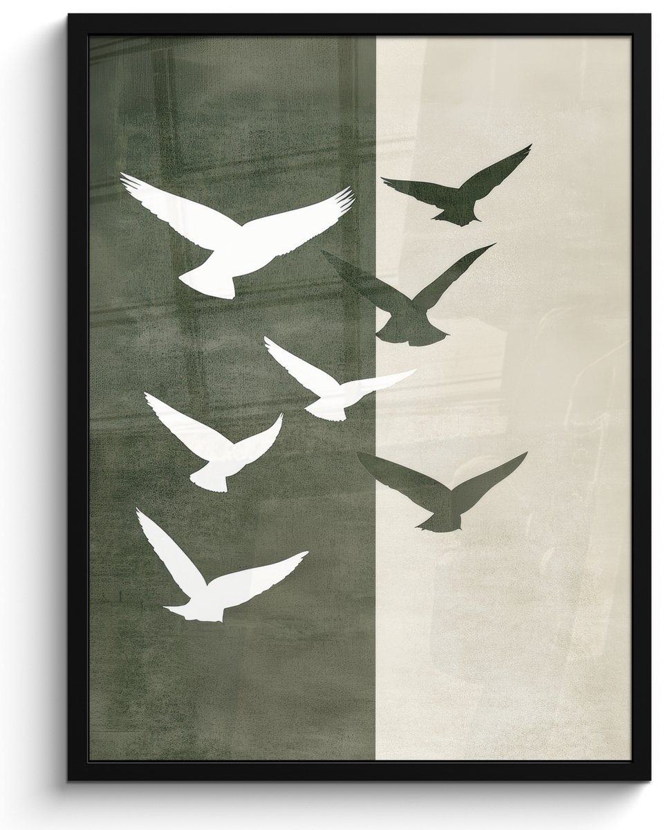FrameYourWall Poster in lijst - Fotolijst 50x70 cm - Posters - Japandi - Vogel - Groen - Posterlijst zwart - Decoratie - Wanddecoratie woonkamer - Muurdecoratie slaapkamer Vogels