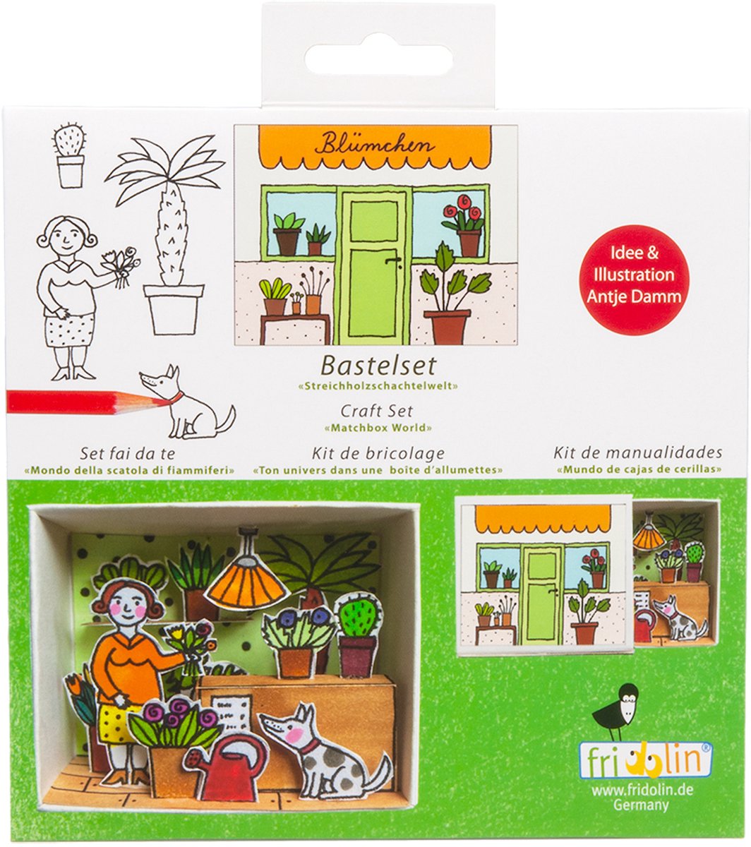 Fridolin luciferdoosje knutselset bloemenwinkel miniatuur cadeau.