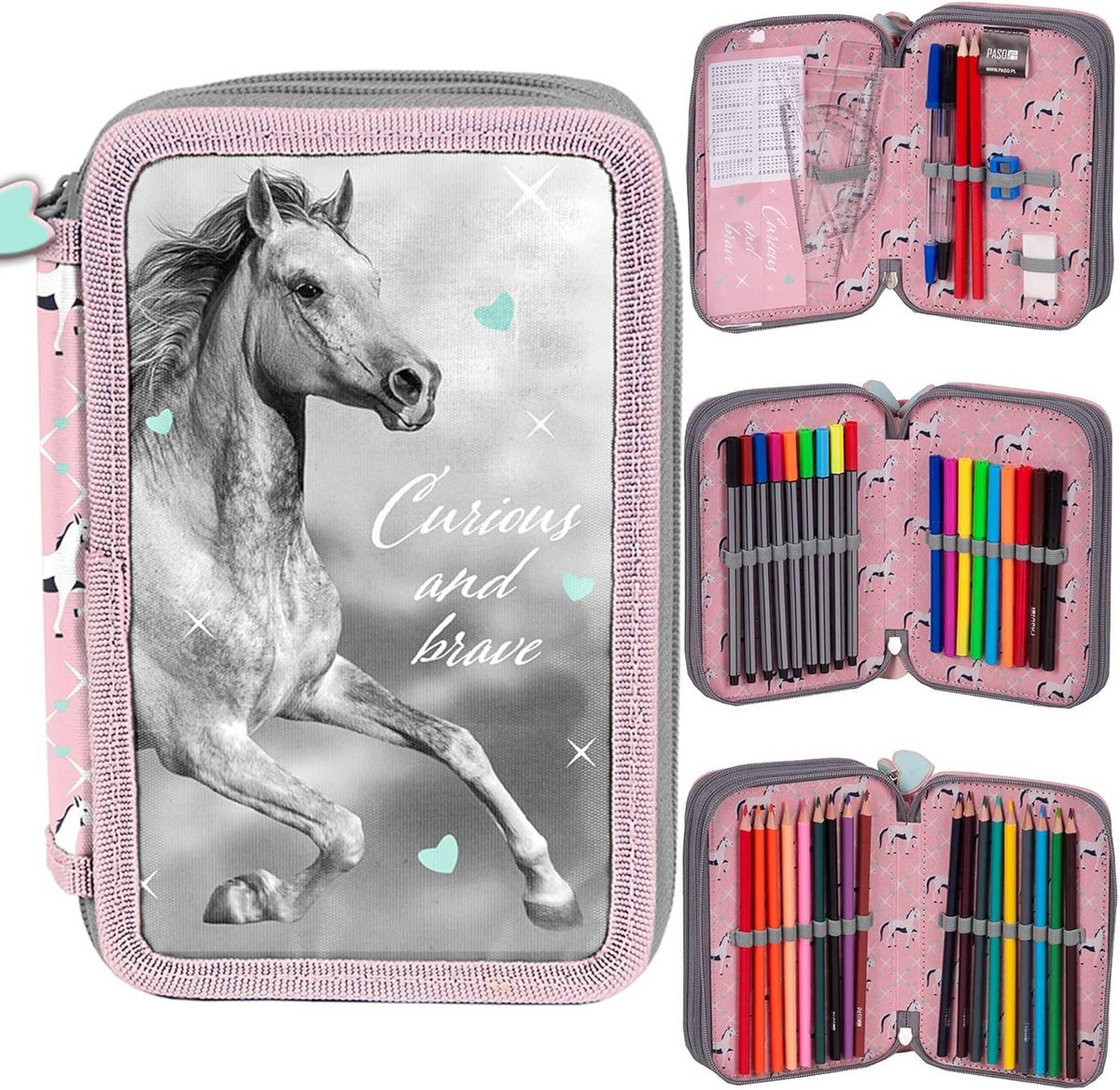 Driekamer Etui Paardenprint - Ruim Pennen Etui met Accessoires