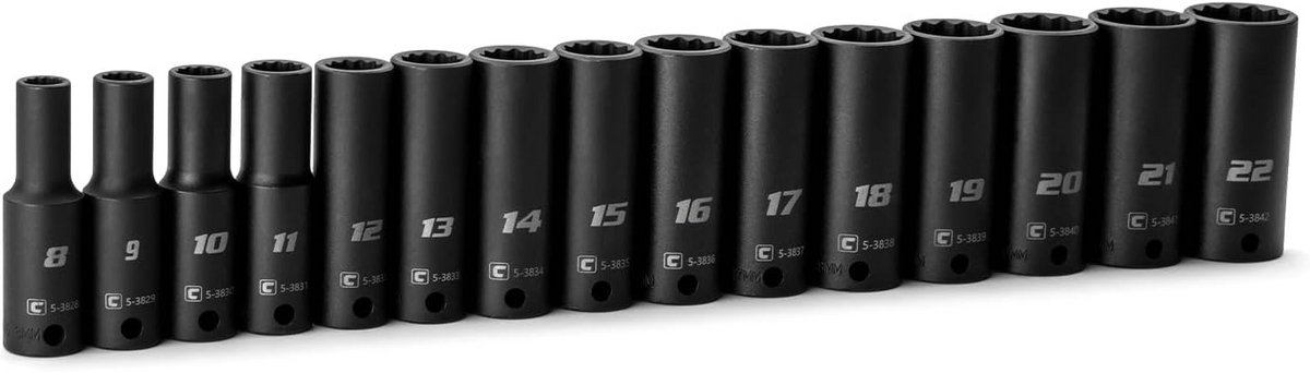 Dopsleutelset 3/8 Inch Diep Slagmoer Set 12-Kant Metrisch 8-22mm 15-Delig