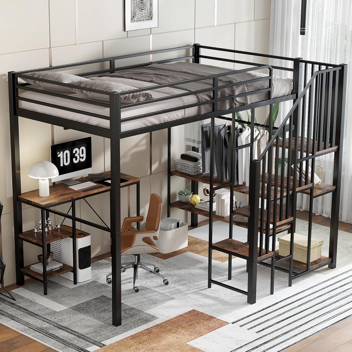 Hoogslaper 120x200cm met Bureau en Kledingkast | Stevig Metalen Stapelbed