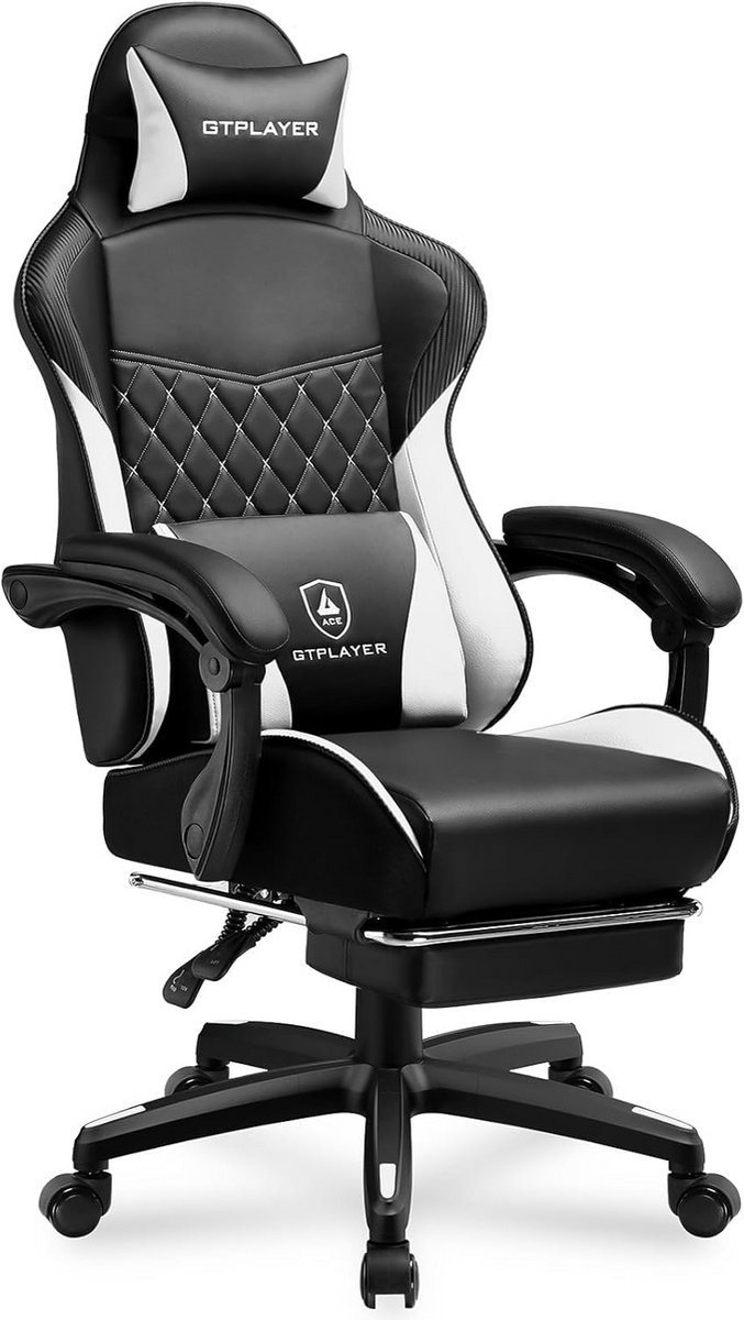 Ergonomische Gaming Stoel met Voetensteun en Lendensteun, Hoogwaardig Kunstleer, Wit