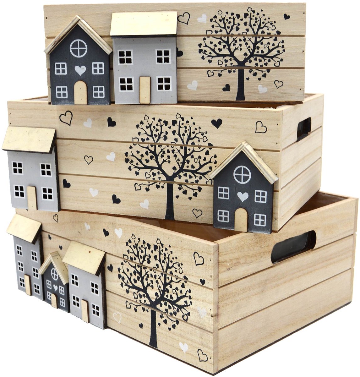 UNUS® Kisten houten whitewash boom en huis met handgrepen set van 3