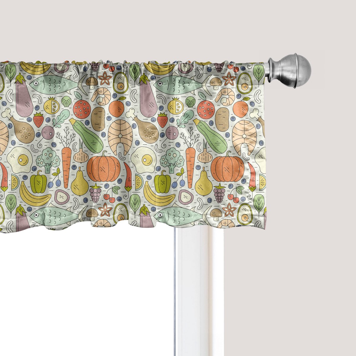ABAKUHAUS Groente Raamvalletje, Gordijnvalletje voor Keuken en Slaapkamer met Tunnelzoom, 137 cm x 45 cm, Kokosnoot en Multicolor