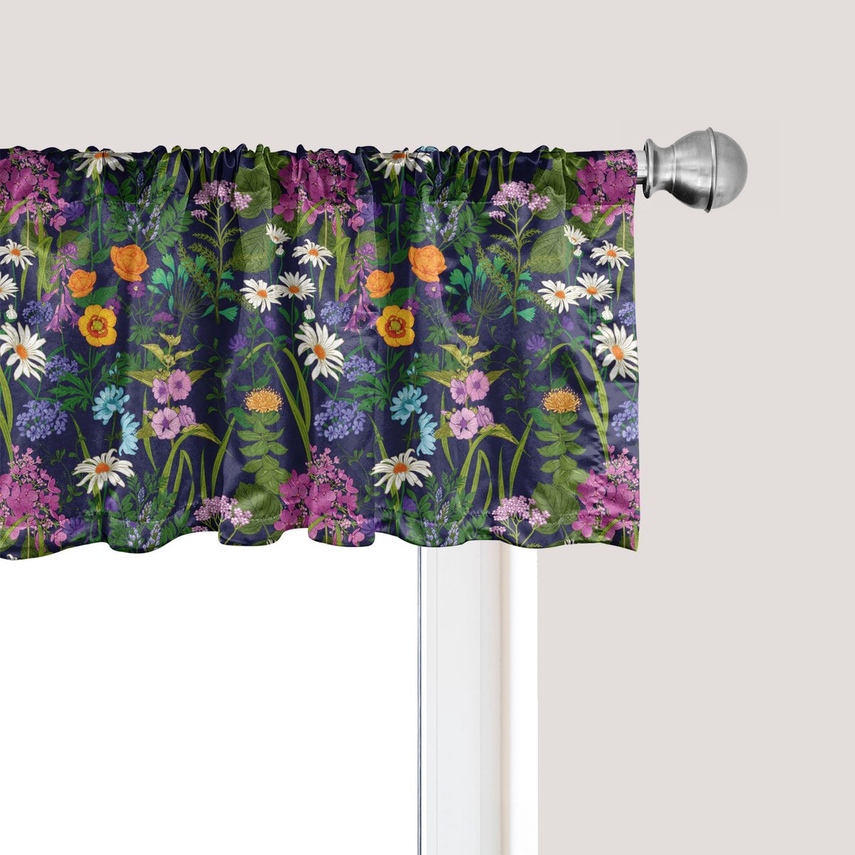 ABAKUHAUS Bloemenland Raamvalletje, Gordijnvalletje voor Keuken en Slaapkamer met Tunnelzoom, 137 cm x 30 cm, Indigo Meerkleurig