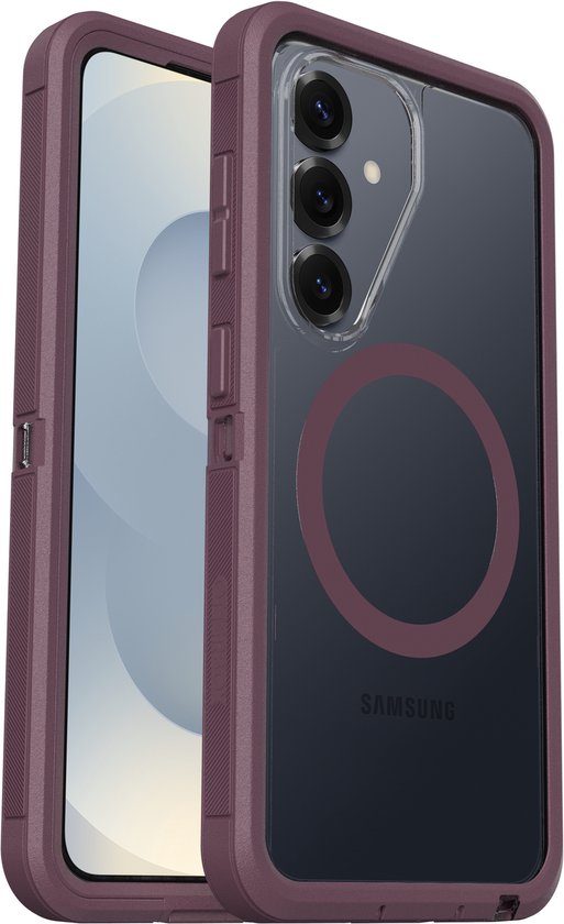 Samsung Galaxy S26 in een paarse OtterBox Defender Pro XT hoes met doorzichtige achterkant en MagSafe.