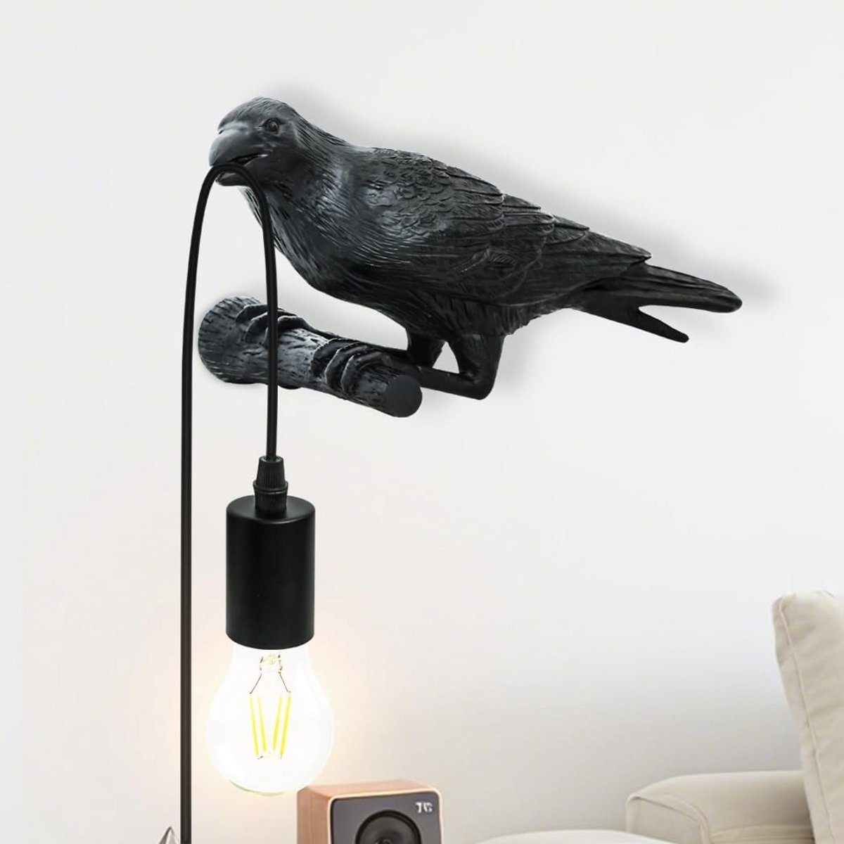 Kunstzinnige Wandlamp Zwart in Resin Model Kraai - E27 Fitting - Instekker met Snoer