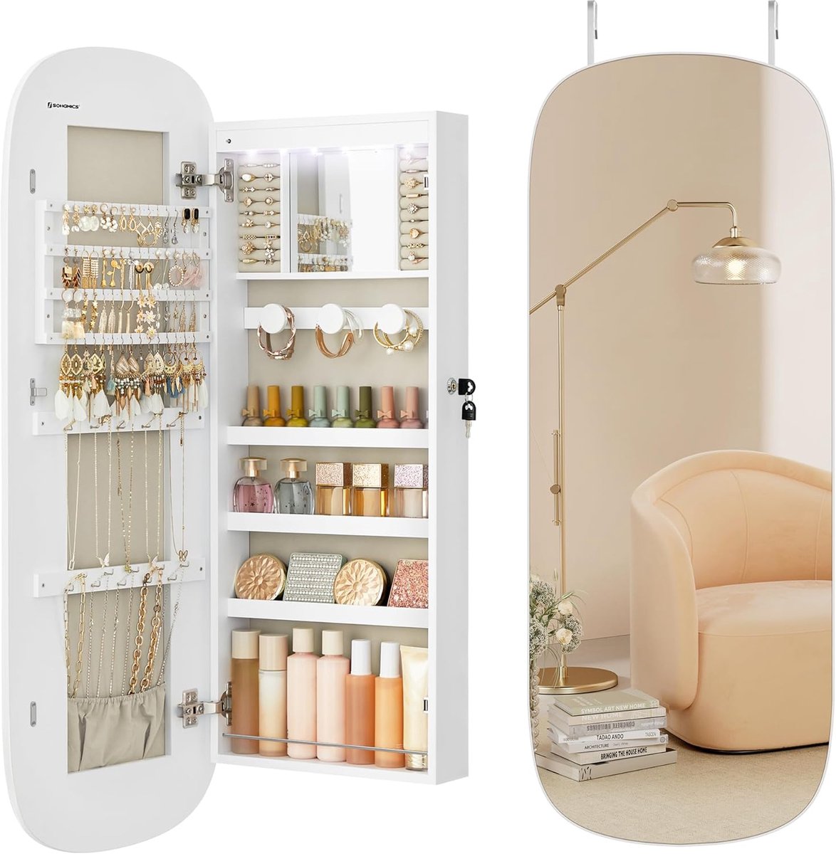 Hoppa! Sieradenkast - Wit - Hardware-Fittingen, MDF, Fluwelen Stof, Glas - 108 x 42 x 10 cm (B x D x H)