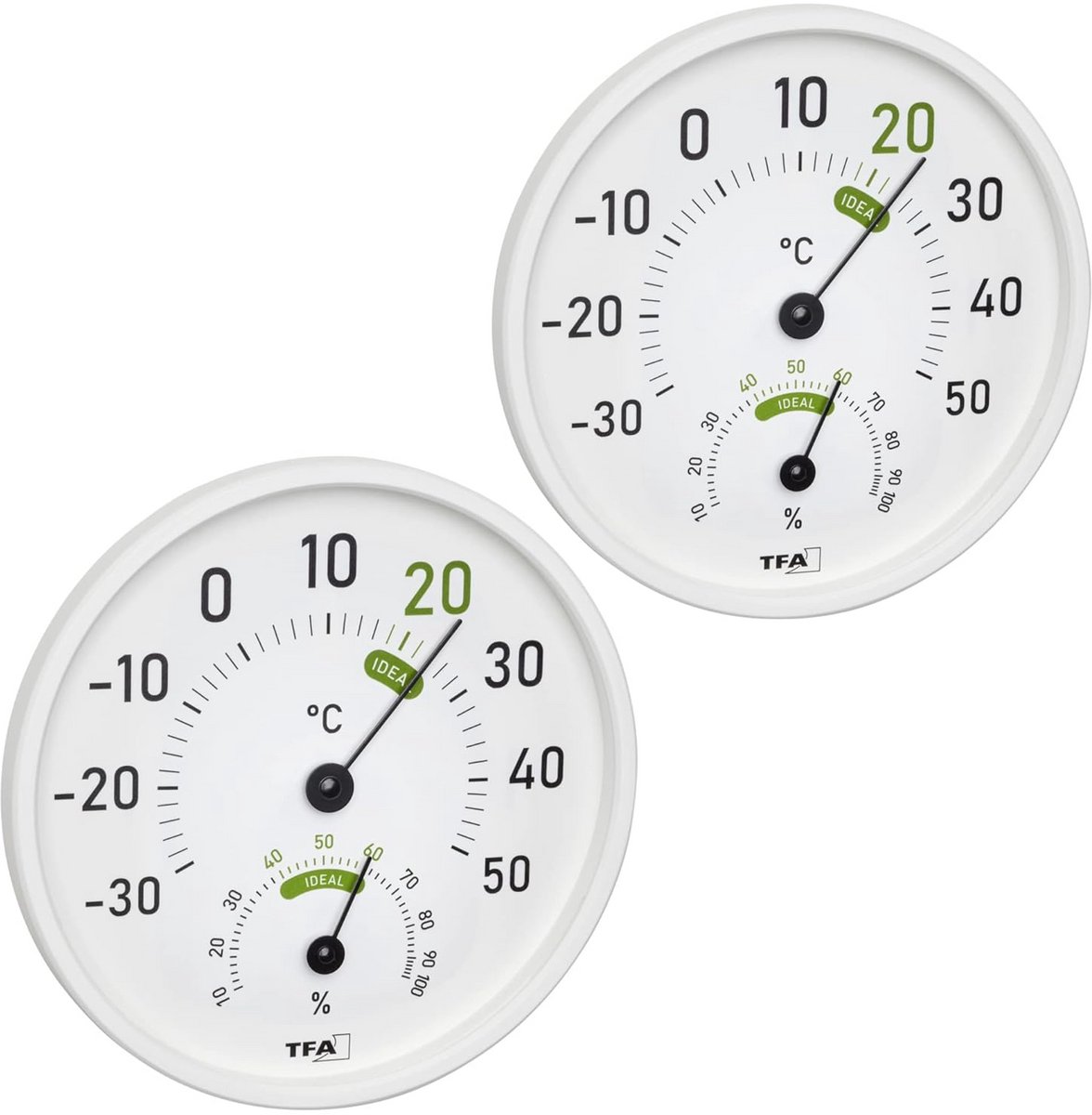 Analoge Thermo-Hygrometer Binnen en Buiten met Kleurzones voor Gezond Binnenklimaat (Set van 2)