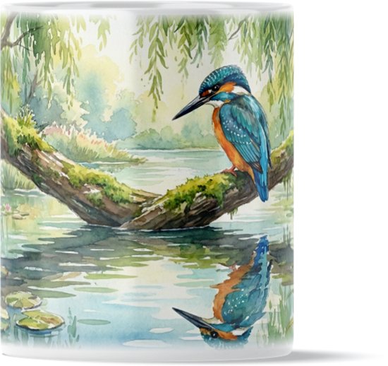 Mok Aquarel Series: Kleurrijke IJsvogel op Tak - Kingfisher Vogelprint Koffiemok - Natuur Kunst Cadeau voor haar: Vriendin of Collega - Sfeervolle Thee Beker met Waterlelies - Uniek Moederdagcadeau of Verjaardagscadeau Vrouw - Blauwe Woondecoratie