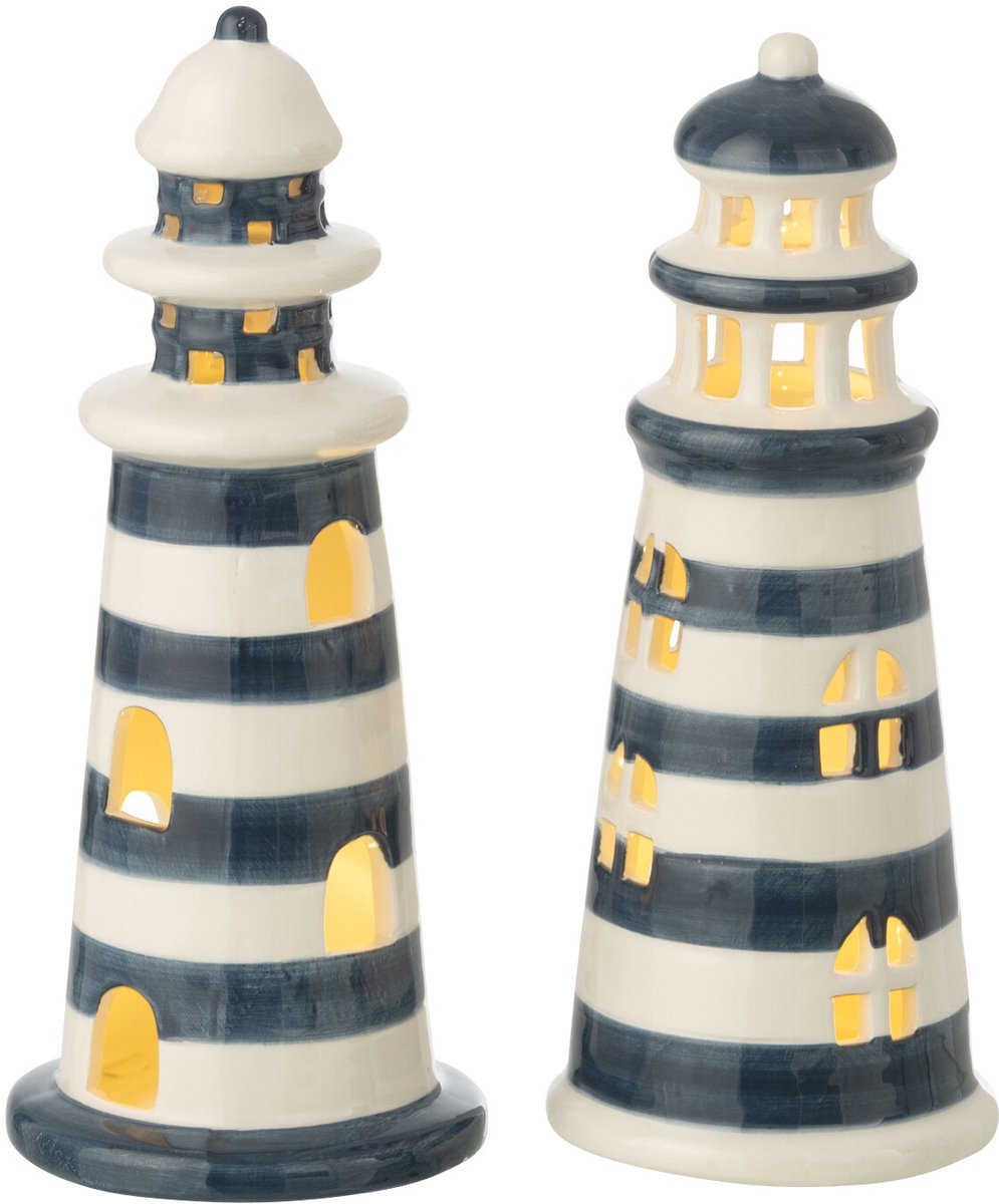 J-Line decoratie Vuurtoren Gestreept - porselein - wit/blauw - small - 2 stuks - LED lichtjes