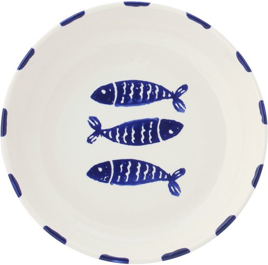 Wit keramiek met drie blauwe visjes en een blauwe stippelrand.