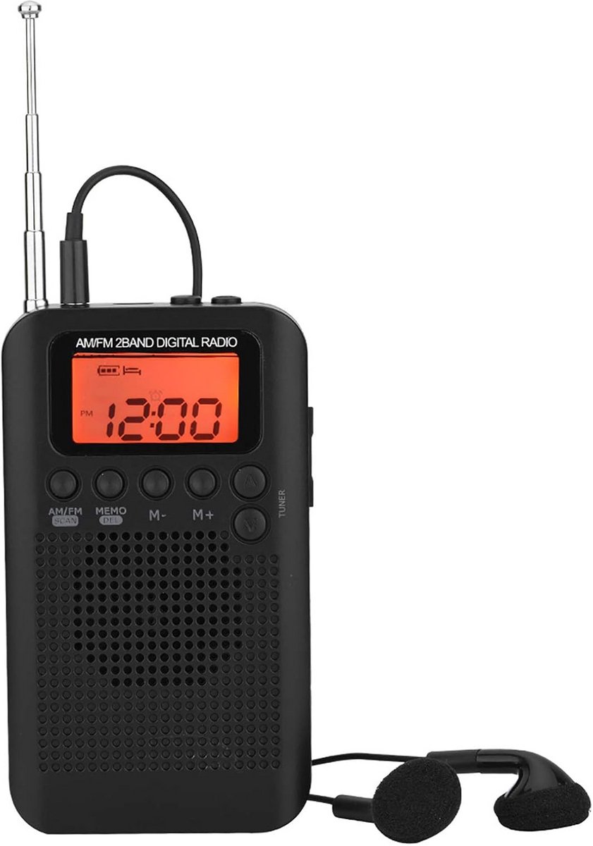 Draagbare Digitale Radio met AM/FM, Stereo Oortelefoon en Groot LCD Scherm