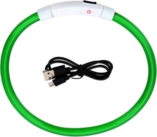 Groene LED halsband met witte sluiting en USB-oplaadkabel.