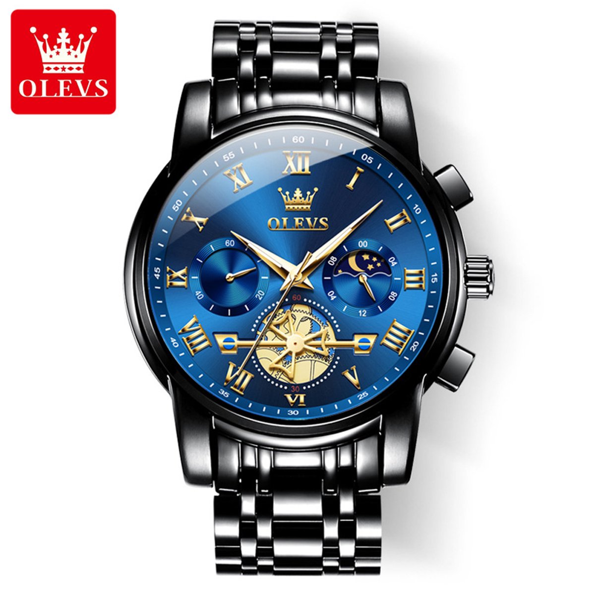 HO-2859.zw-bl : Olevs zwart edelstaal heren horloge, quartz, blauwe wijzerplaat, chronografisch, stopwatch, secondenmolen minuten 24uurs-lunarfase subuurwerk