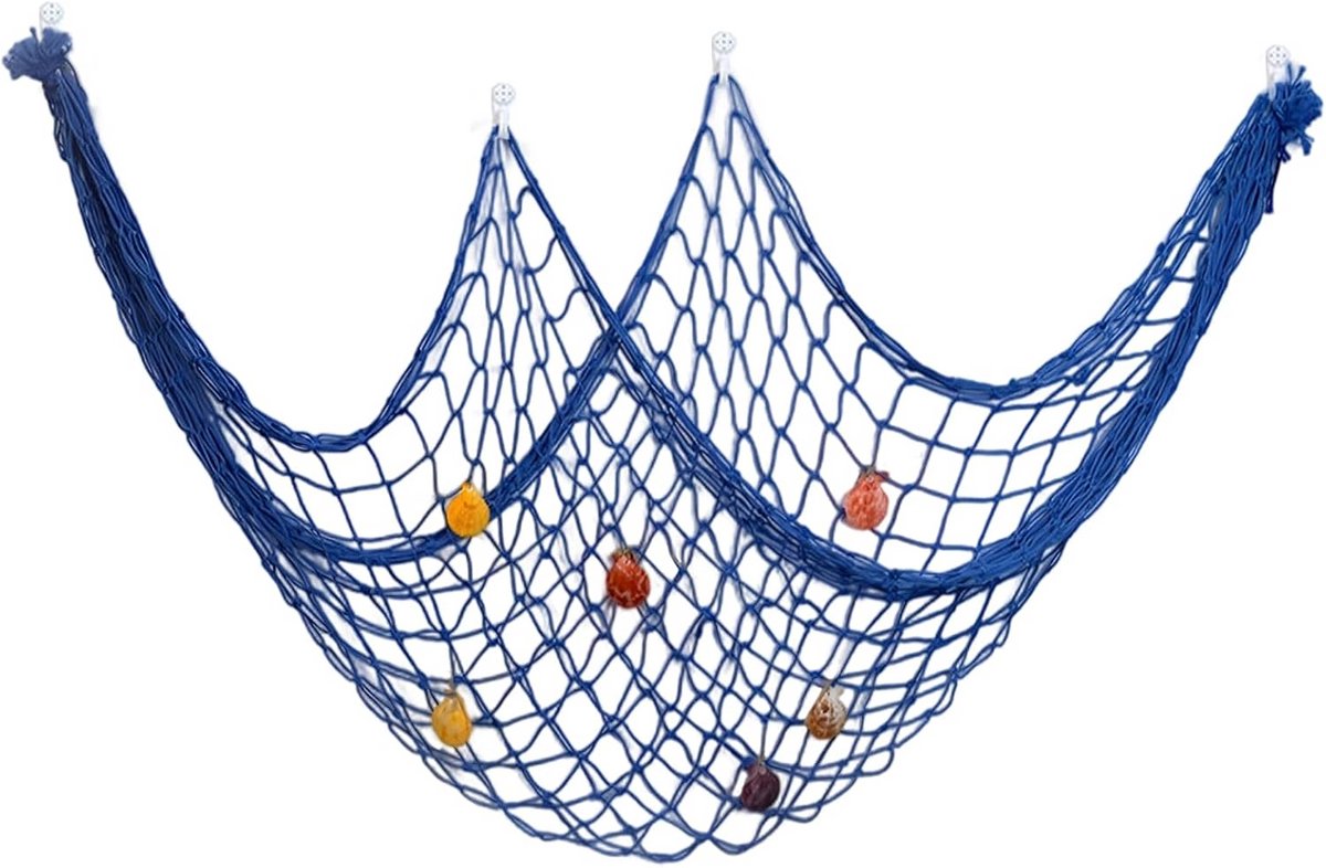 Decoratief Visnet met Schelpen Blauw 1x2m - Mediterrane Wanddecoratie