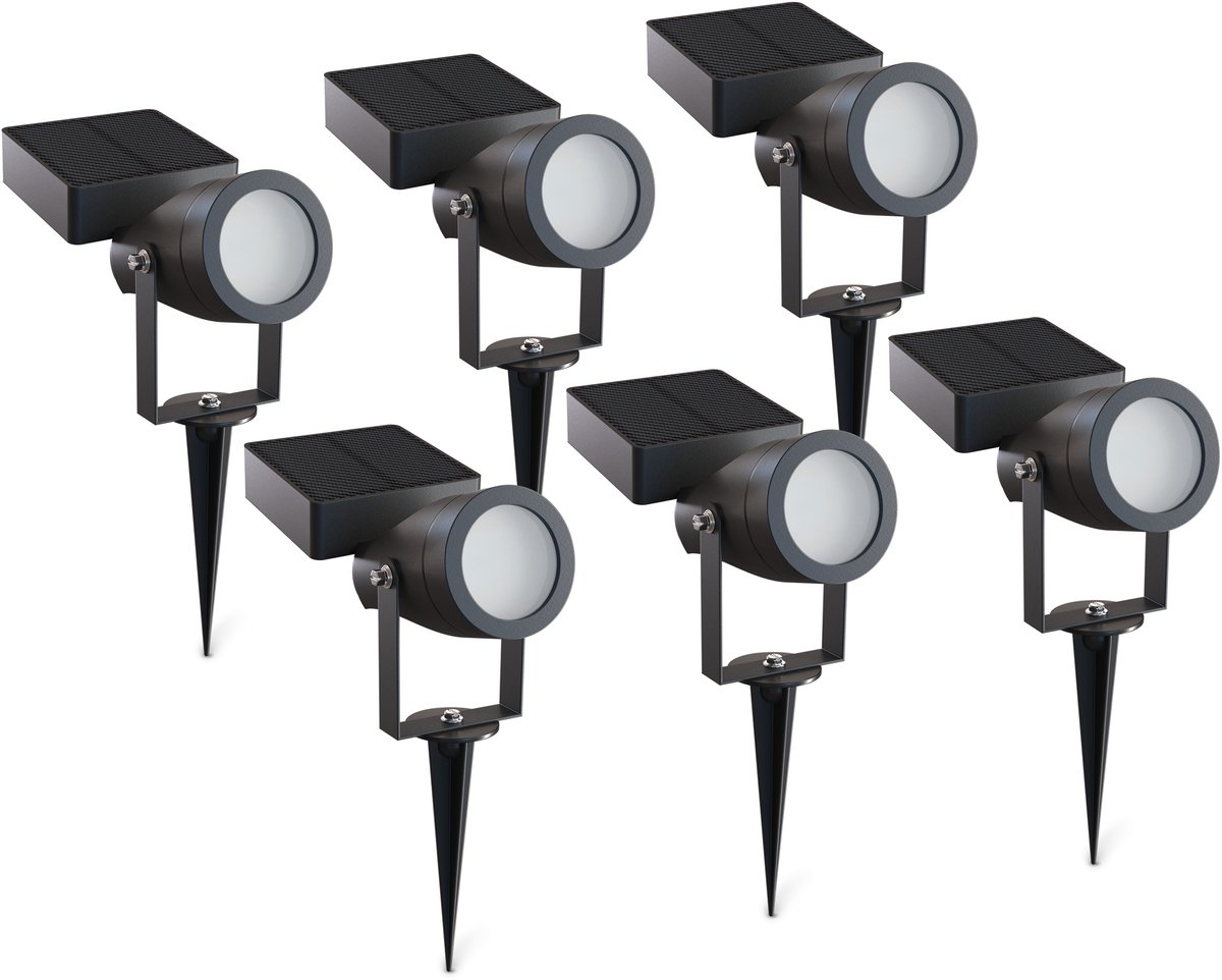 Calex Cesena Solar Buiten Spotlight – 20 Lumen – 2700K Warm Wit – IP65 – Solar – USB-C Oplaadbaar – 0.85W Zonnepaneel – 1200mAh Vervangbare Batterij – Zwart - 6-Pack